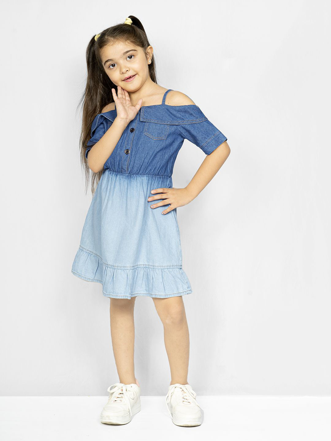 Naughty Ninos Girls Cotton Cold-Shoulder Denim A-Line Dress