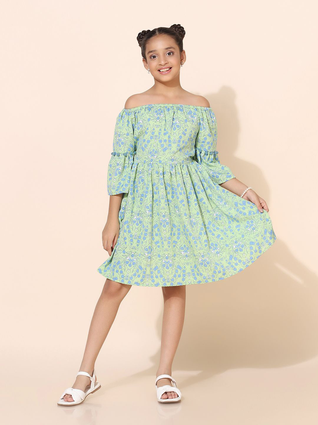 BAESD Girls Floral Printed Off-Shoulder Crepe Fit & Flare Cold-Shoulder Sleeves Dress