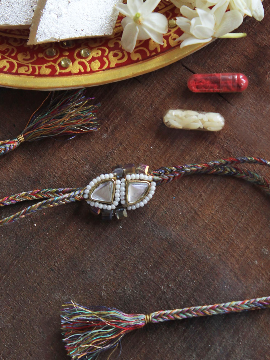 BeAbhika Kundan Beaded Braided Thread Rakhi With Roli Chawal