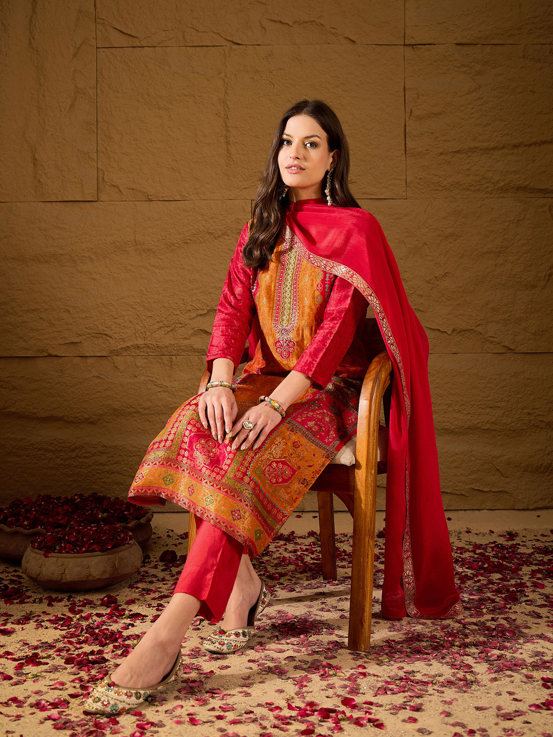 KALINI Woven Design Sequinned Jacquard Weave Chanderi Silk Kurta with Trousers & Dupatta