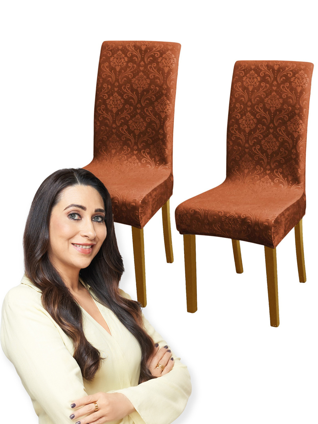 HOKIPO Set of 2 Brown Self Design Stretchable Velvet 200 GSM Chair Covers
