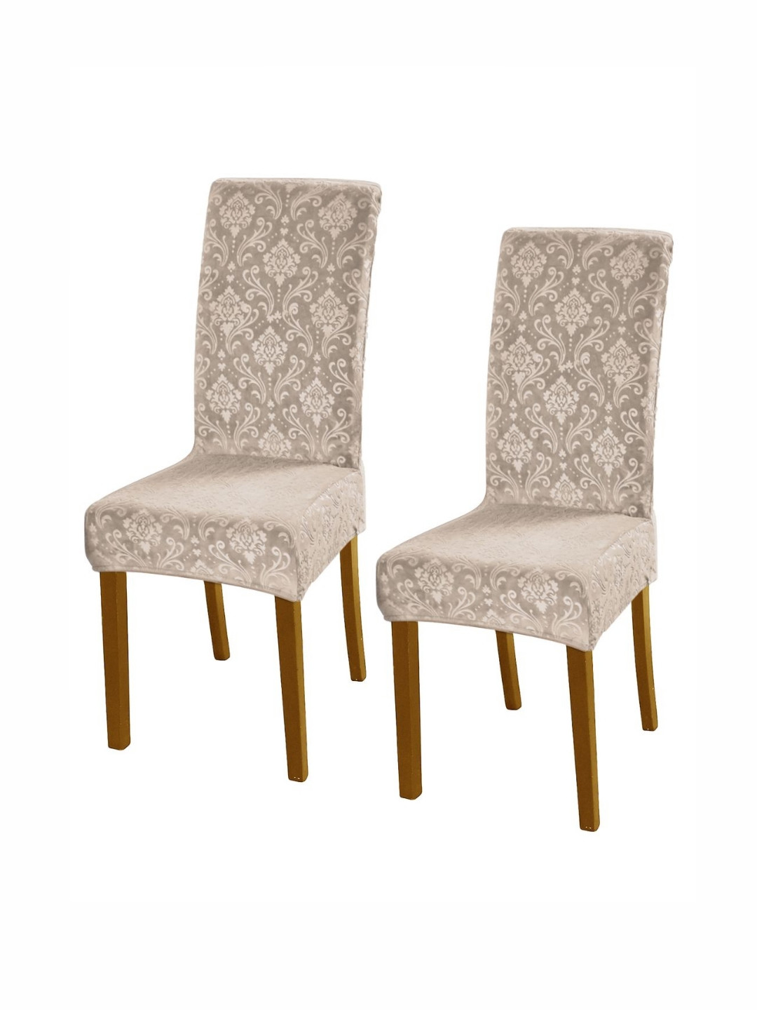 HOKIPO Light Camel Brown 2 Pieces Self Design 200 GSM Stretchable Velvet Chair Covers