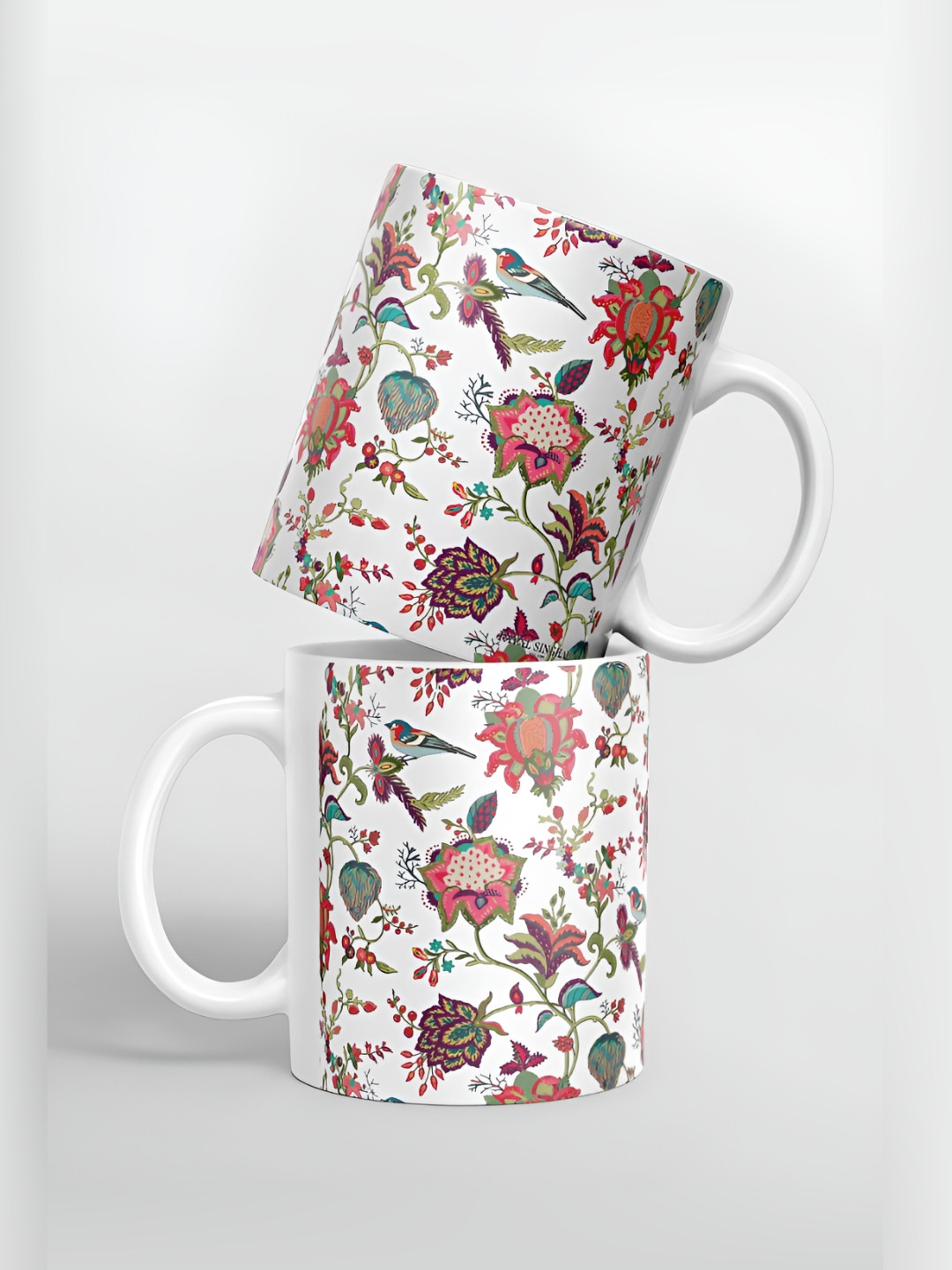 macmerise White & Green Floral Printed Ceramic Glossy Mug 325 ml