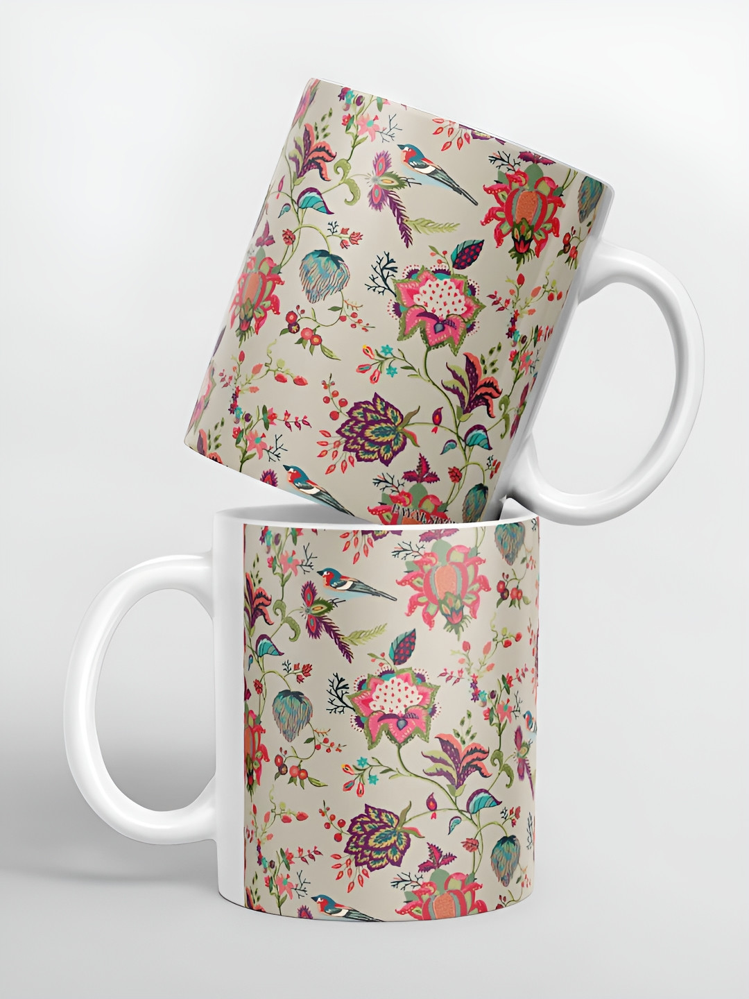 macmerise White & Pink Floral Printed Ceramic Glossy Finished Mug 325 ml