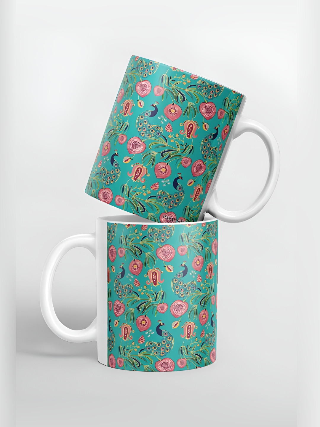 macmerise Green & Pink Floral Printed Ceramic Glossy Mug 325 ml