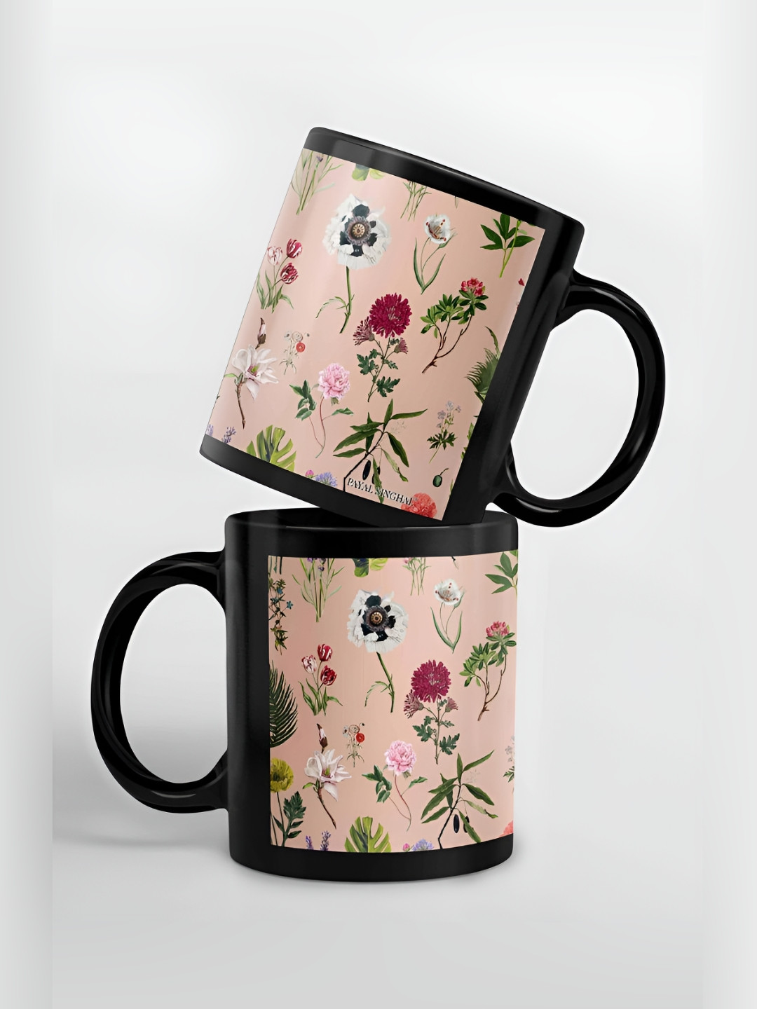macmerise Black & Pink Floral Printed Ceramic Easy to Clean Glossy Mugs 325 ml