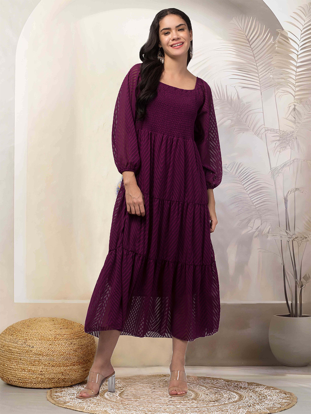 Clora Creation Square Neck Puff Sleeve Tiered Fit & Flare Midi Dress
