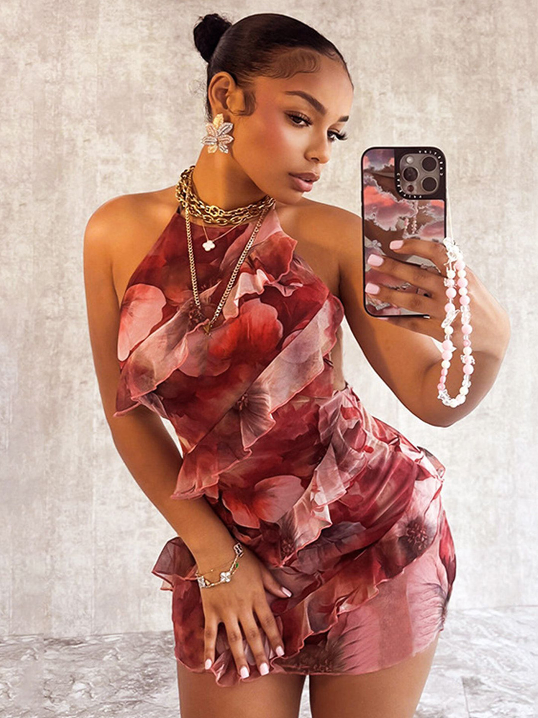 LULU & SKY Printed High Neck A-Line Mini Ruffles Dress