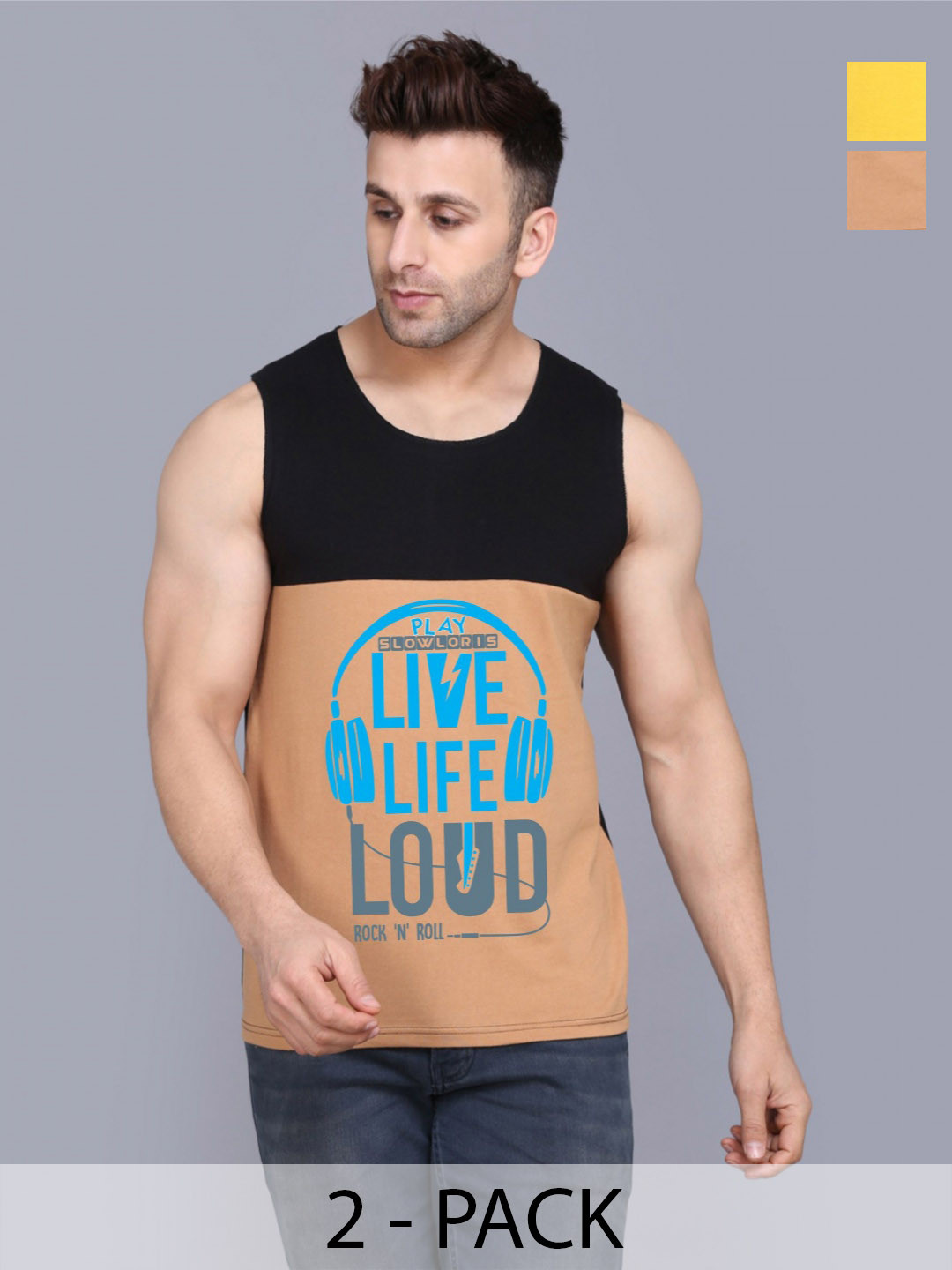 SLOWLORIS Men Pack Of 2 Typography Printed Round Neck Cotton Slim Fit T-Shirts