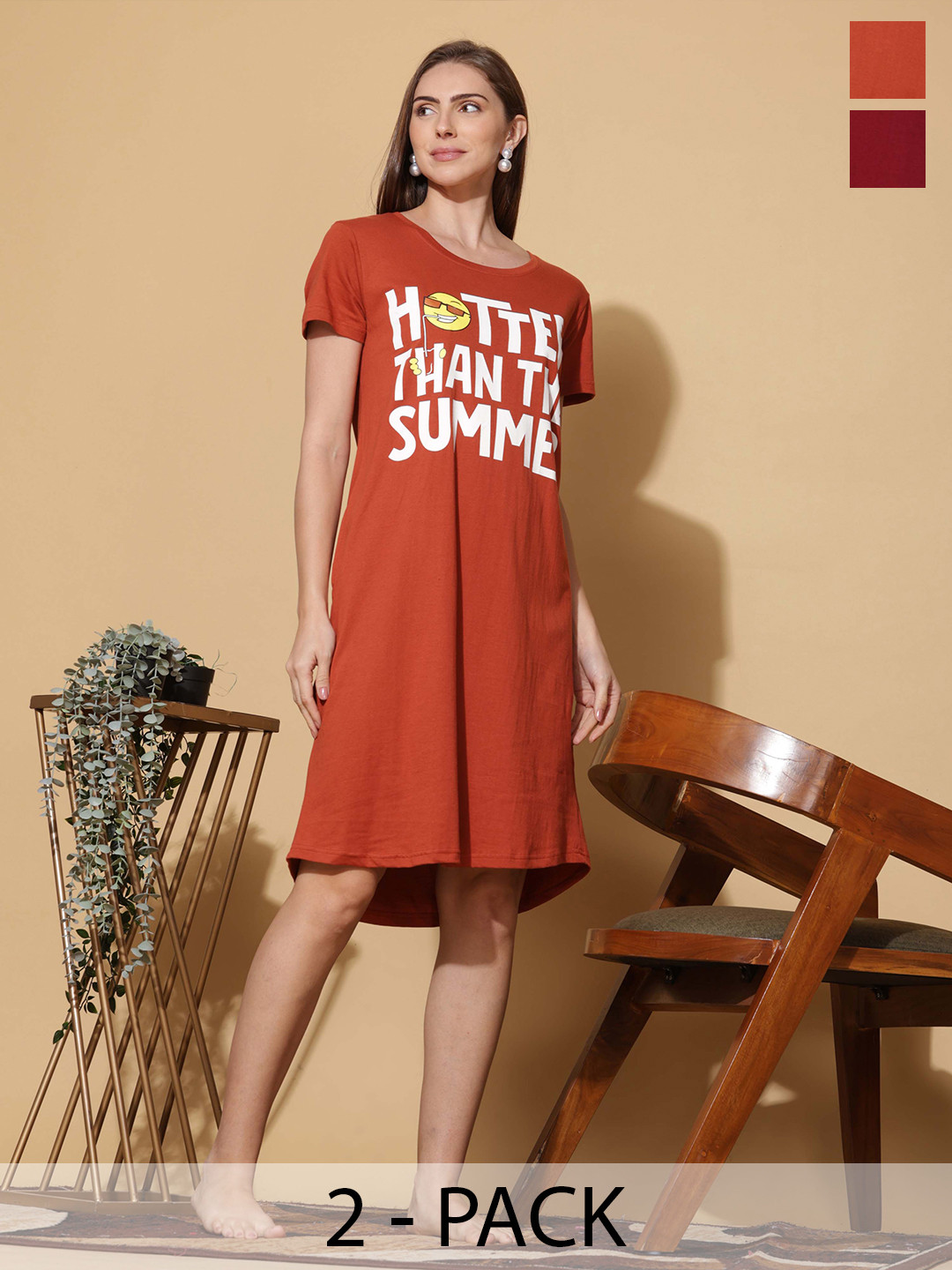 9shines Label Pack Of 2 Women Printed Round Neck Short Sleeves Cotton Nightdress