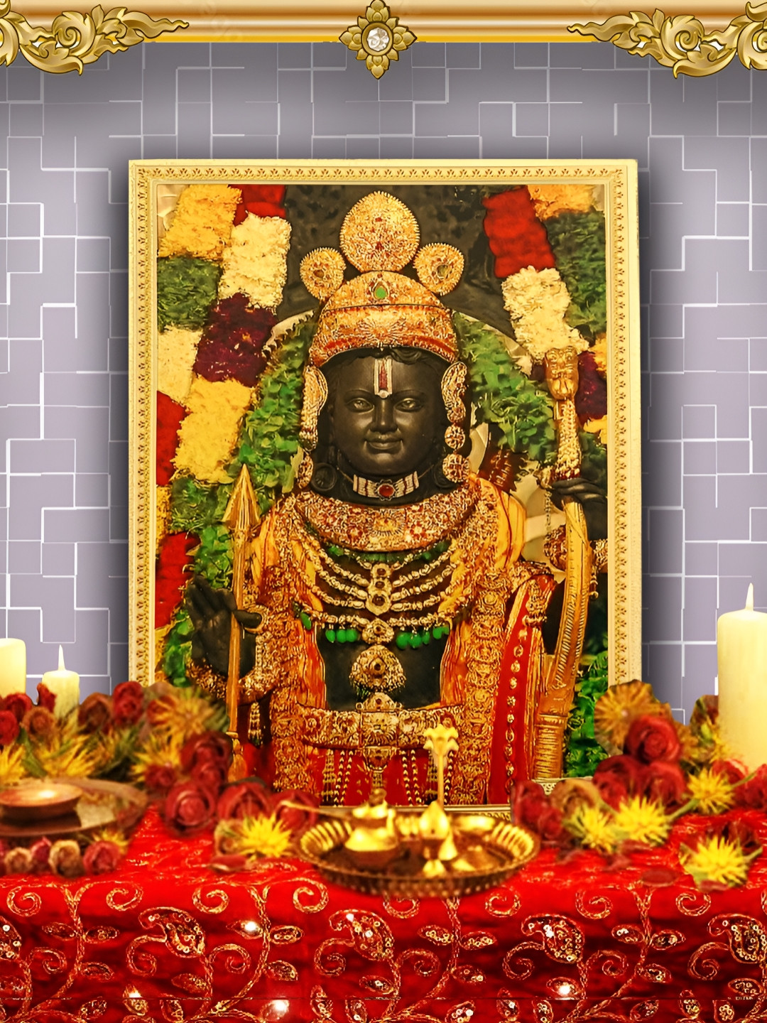 Hawai Gold-Toned & Black Lord Ayodhya ram Lalla Wooden Wall Photo Frames