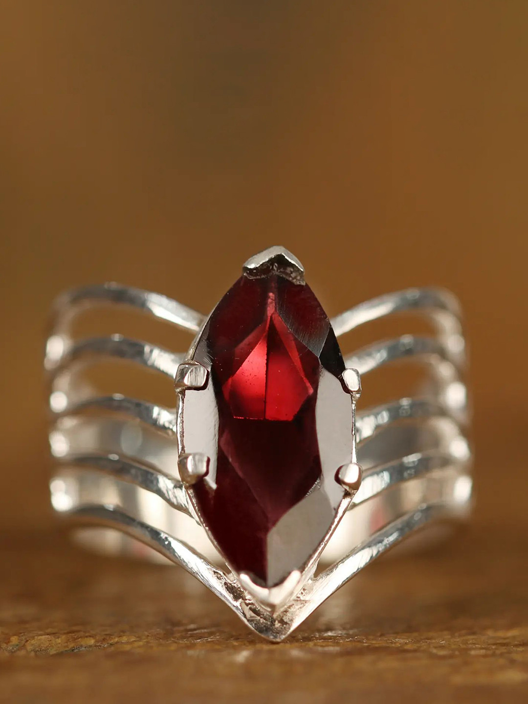 Exotic India Sterling Silver Redgarnet Designer Cage Stone-Studded Finger Ring