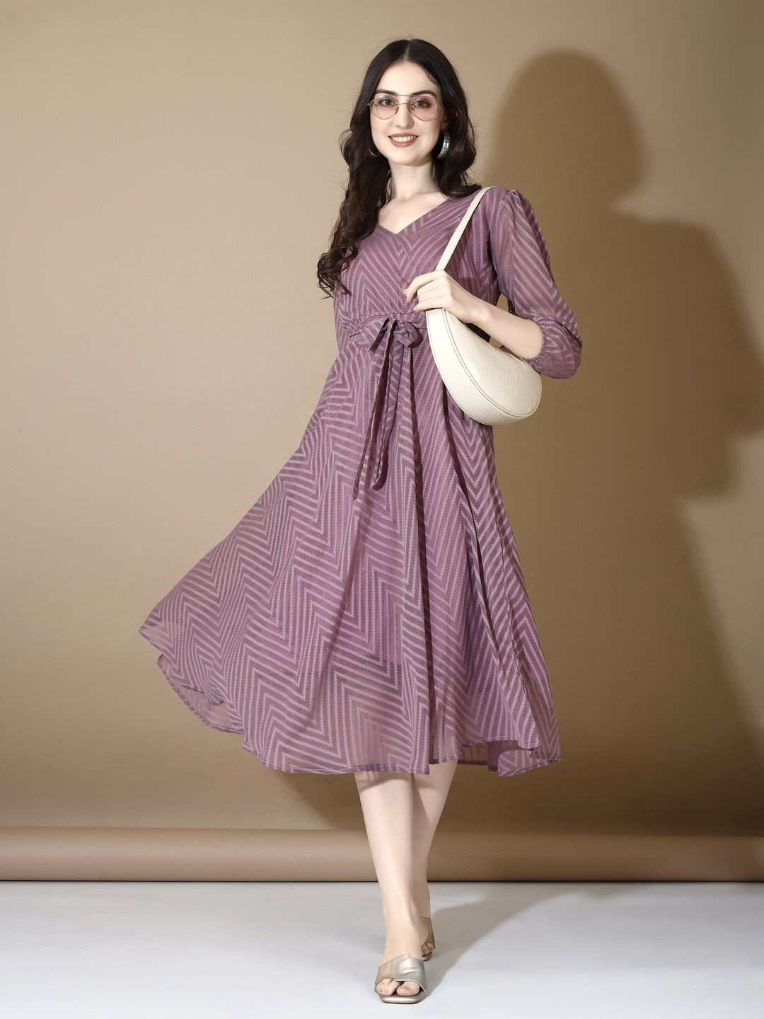 Ethnic Yard Striped Puff Sleeve Fit & Flare Midi Dress