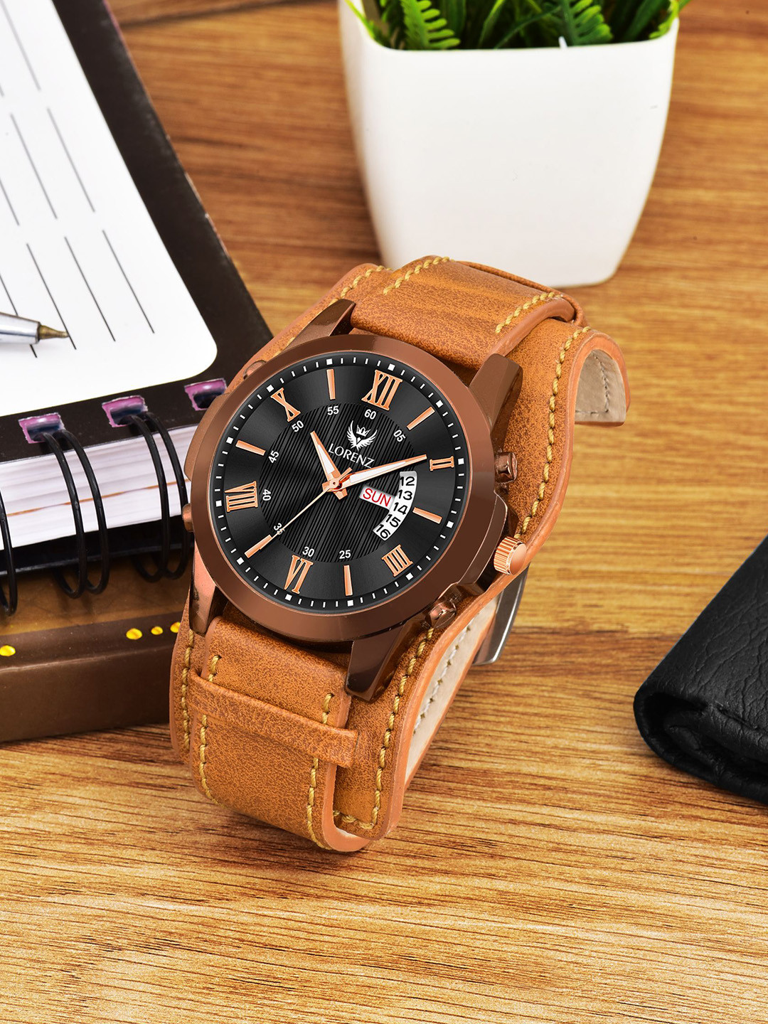 LORENZ Men Brass Patterned Dial & Leather Bracelet Style Straps Analogue Multi Function Watch MK-4030R