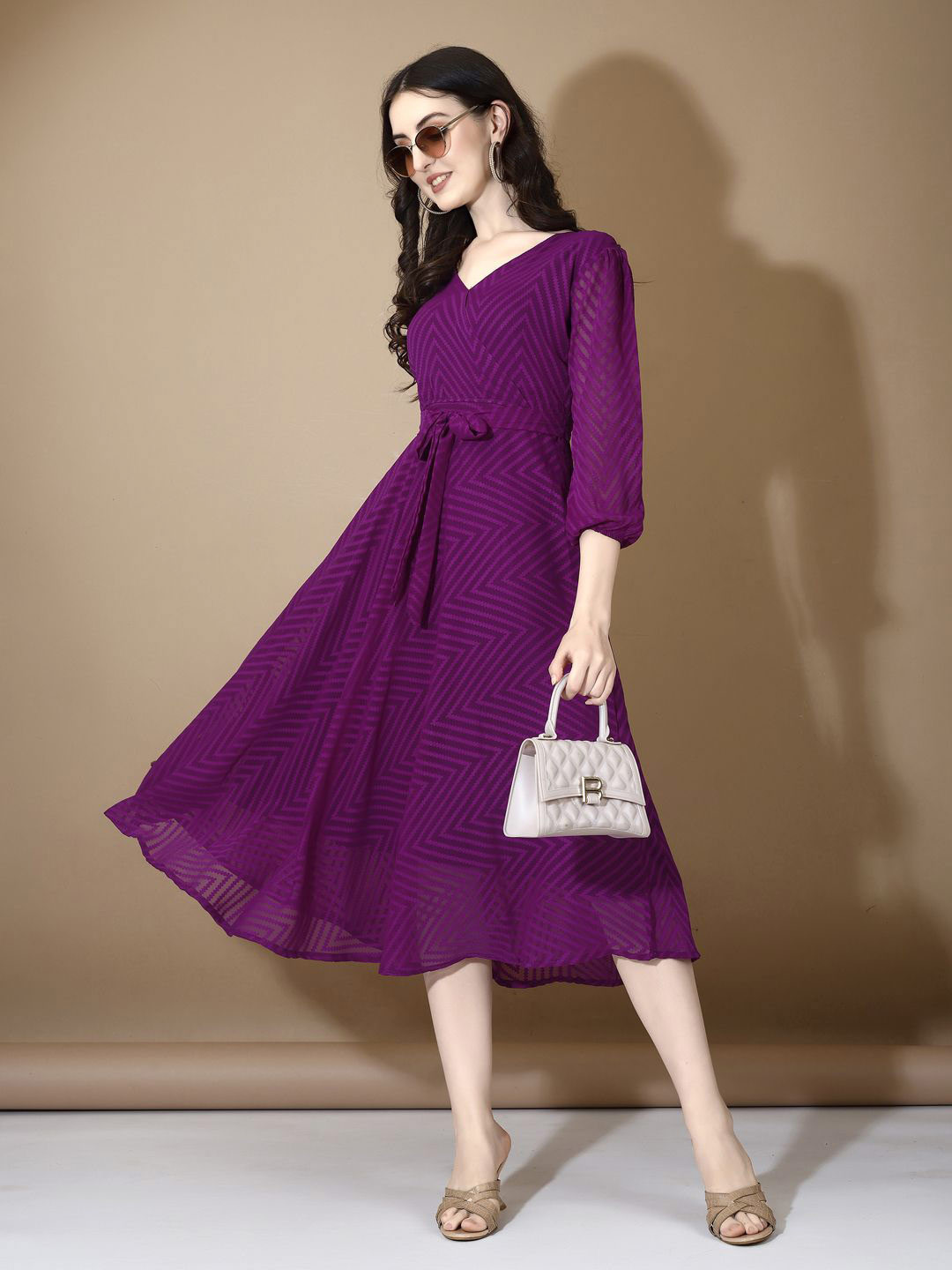 Ethnic Yard Printed Puff Sleeves Belted Fit and Flare Midi Dress