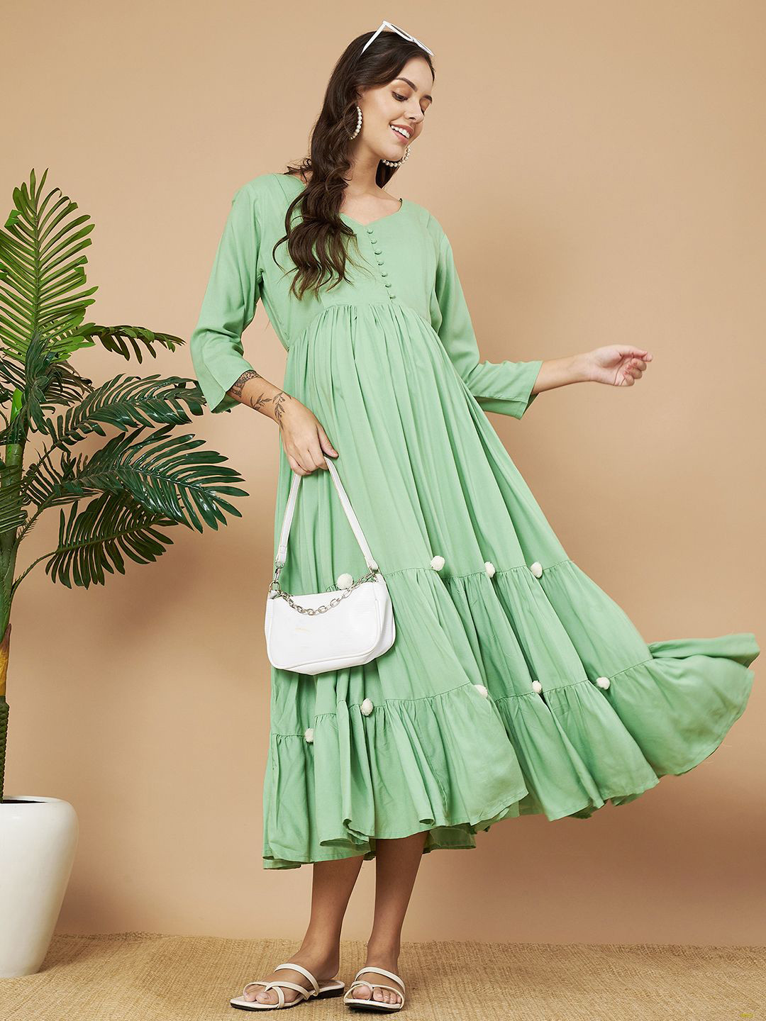 Aanyor Round Neck Maternity Fit and Flare Midi Dress