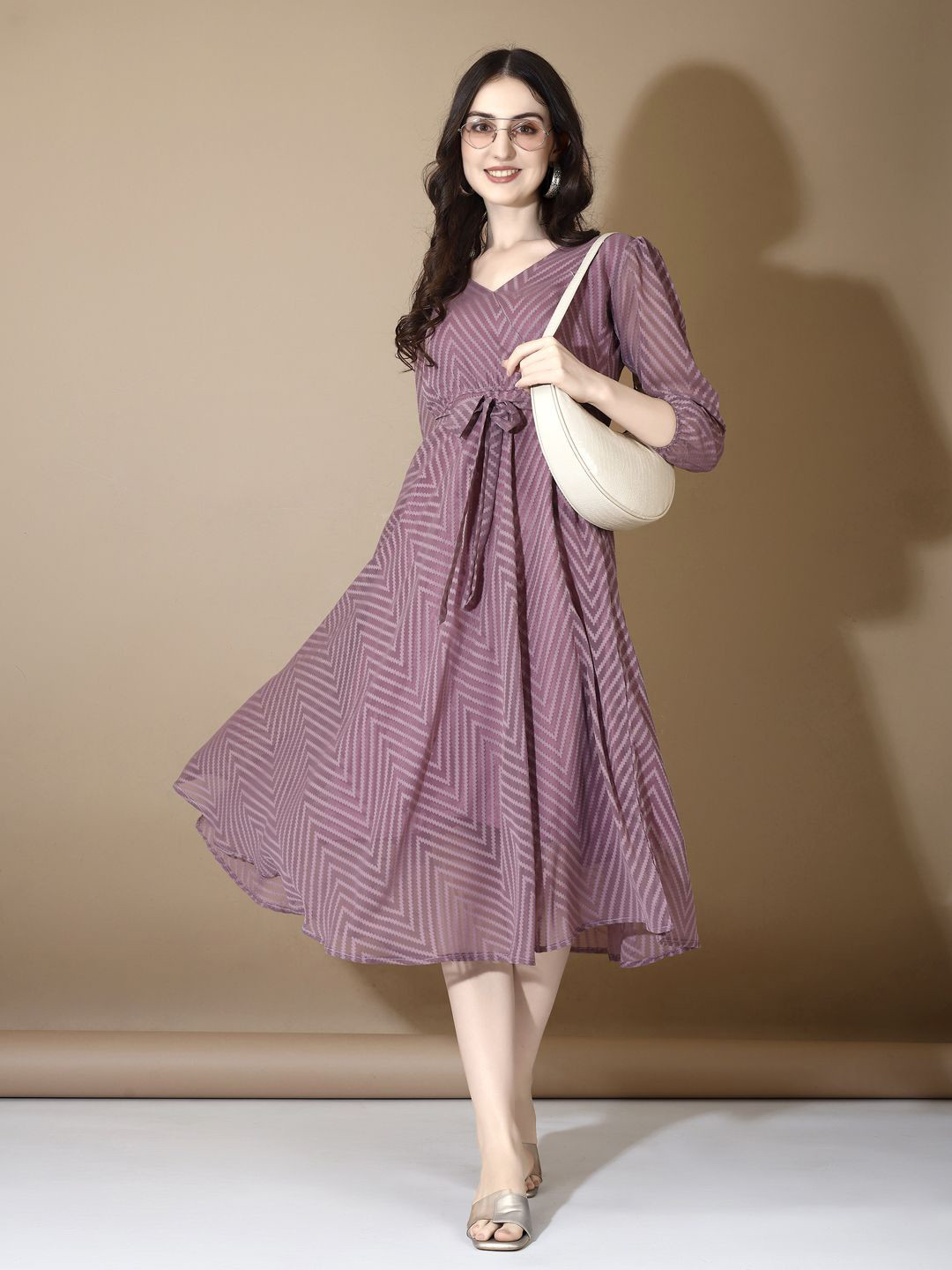 YOYO Fashion Striped Georgette A-Line Midi Dress