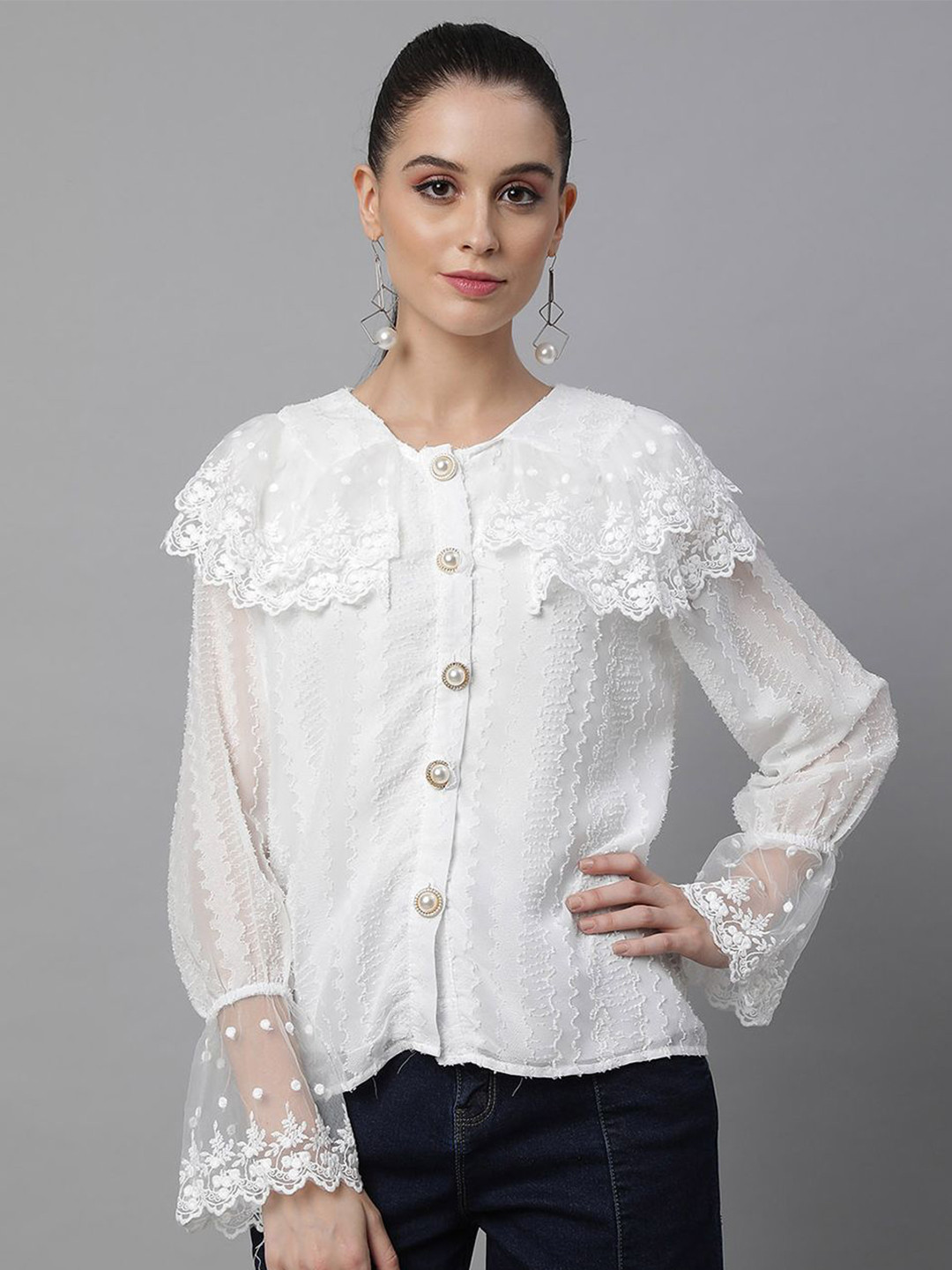 Global Republic Women Peter Pan Collar Textured Self Design Polyester Casual Shirt