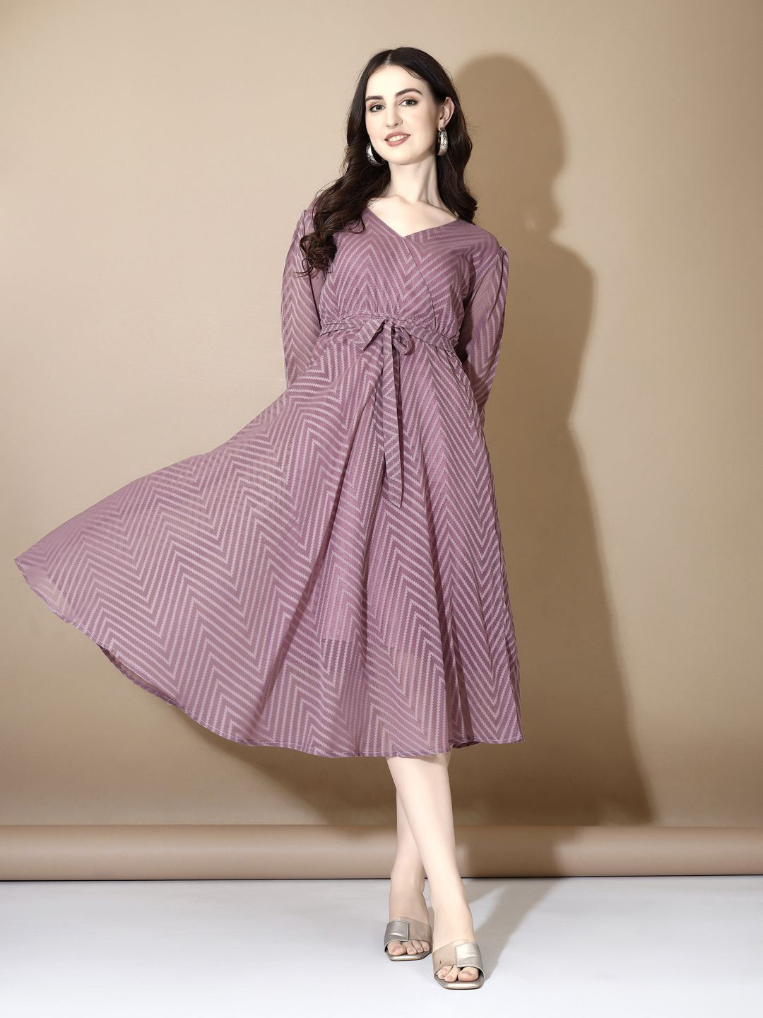 YOYO Fashion Self Design Georgette A-Line Midi Dress