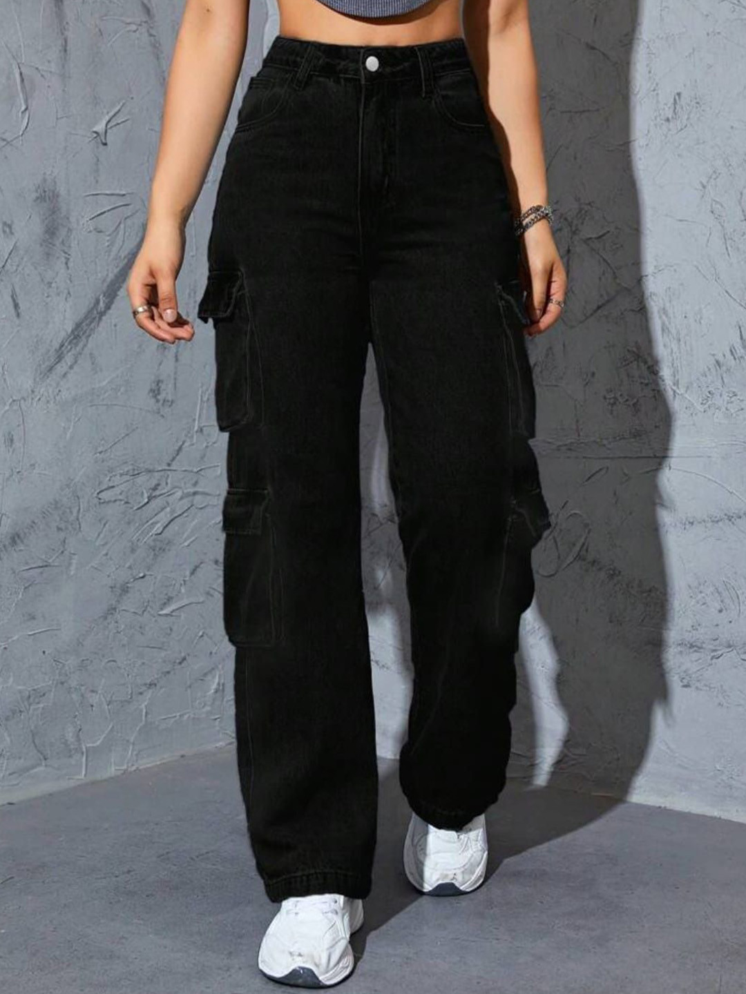 BROADSTAR Women Smart Wide Leg High- Rise Stretchable Cargo Jeans
