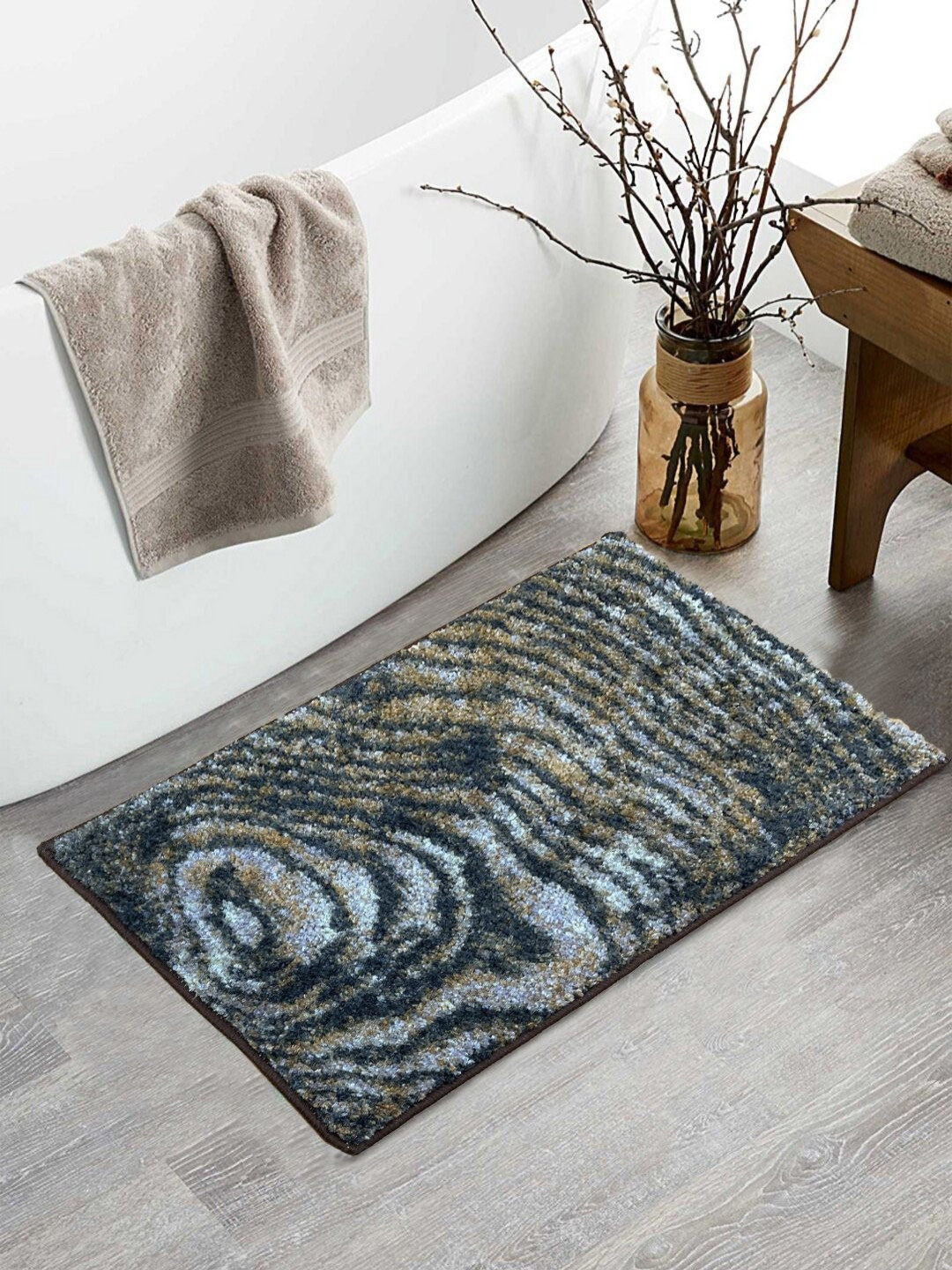 BIANCA Grey & Brown Abstract Printed 1600 GSM Anti Skid Bath Rug