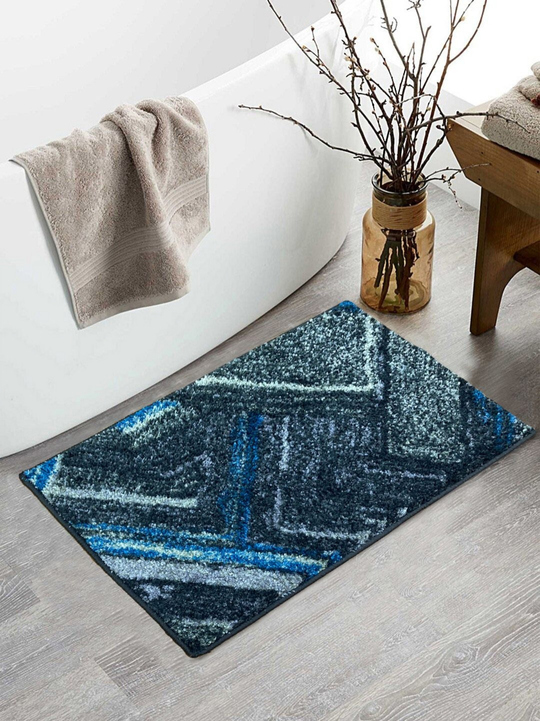 BIANCA Grey & Blue Abstract 1600 GSM Anti-Skid Bath Rugs