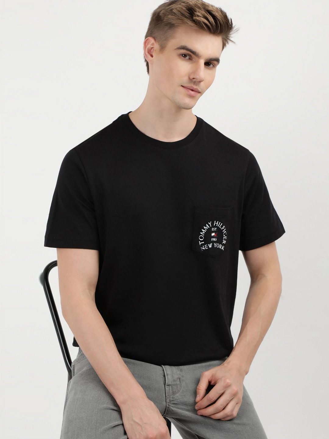 Tommy Hilfiger Men Solid Typography or Slogan Printed Round Neck Cotton T-Shirt