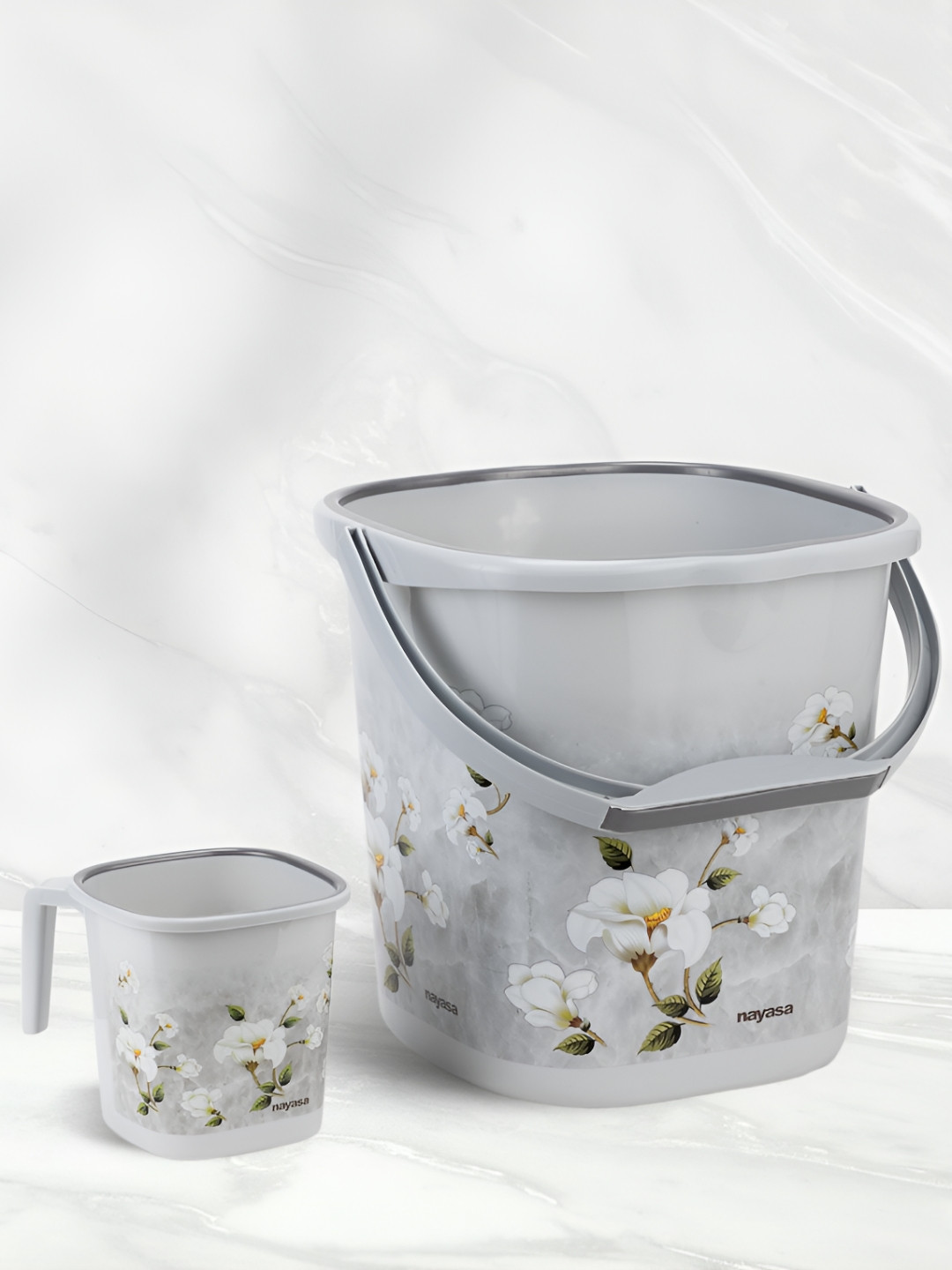 Nayasa Set Of 2 Grey Square Ring Marble Bathroom Bucket 18 L & Mug 1.5 L
