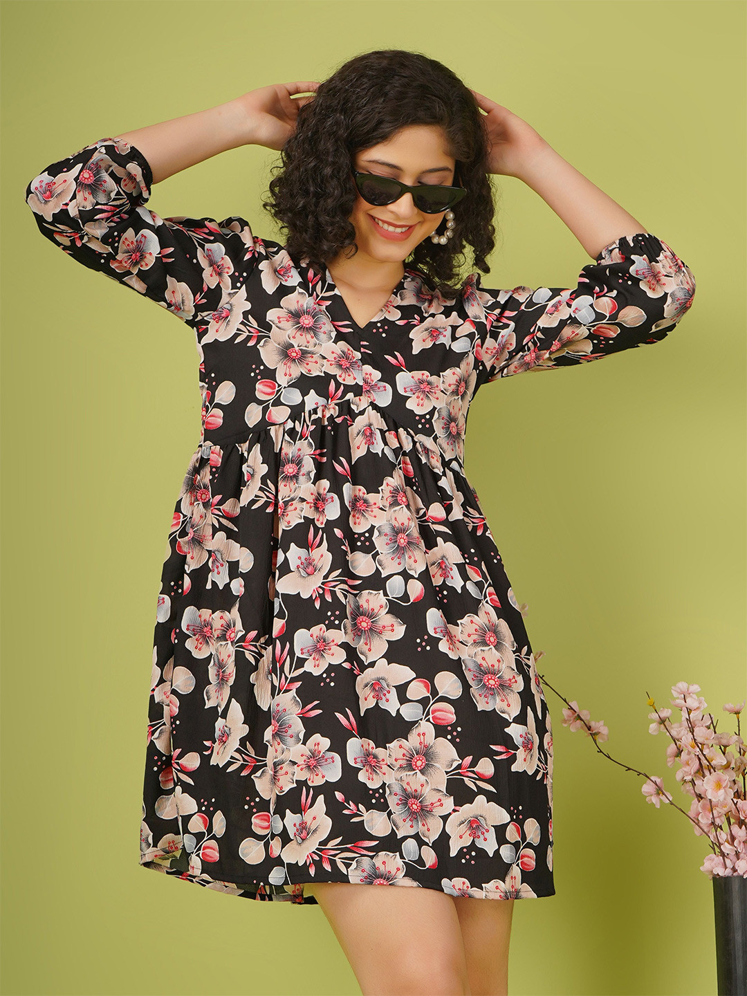 CELEBRAVO Floral Print Empire Mini Dress