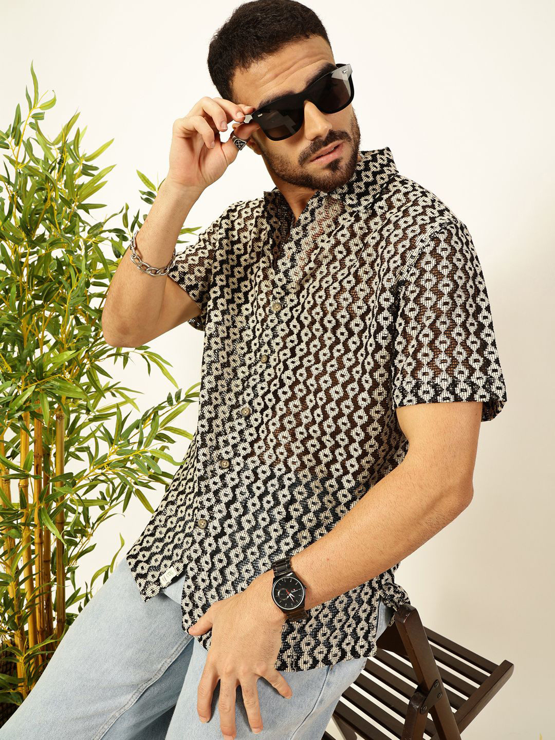 Thomas Scott Self Design Geometric Regular Fit Semi-Sheer Casual Crochet Shirt