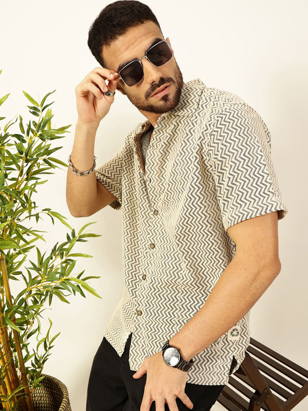 Thomas Scott Men Chevron Stripes Think Green Ecoearth Semi-Sheer Crochet Shirt