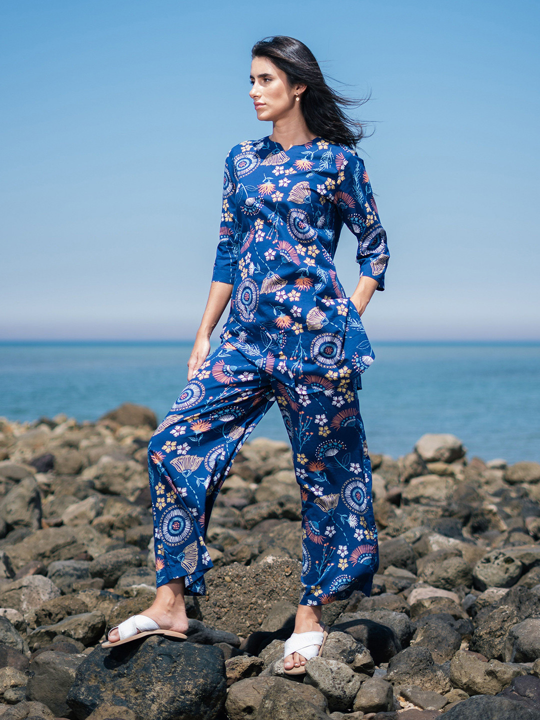 SANSKRUTIHOMES Printed Ethnic Motif Pure Cotton Top & Trouser Co-Ord Set