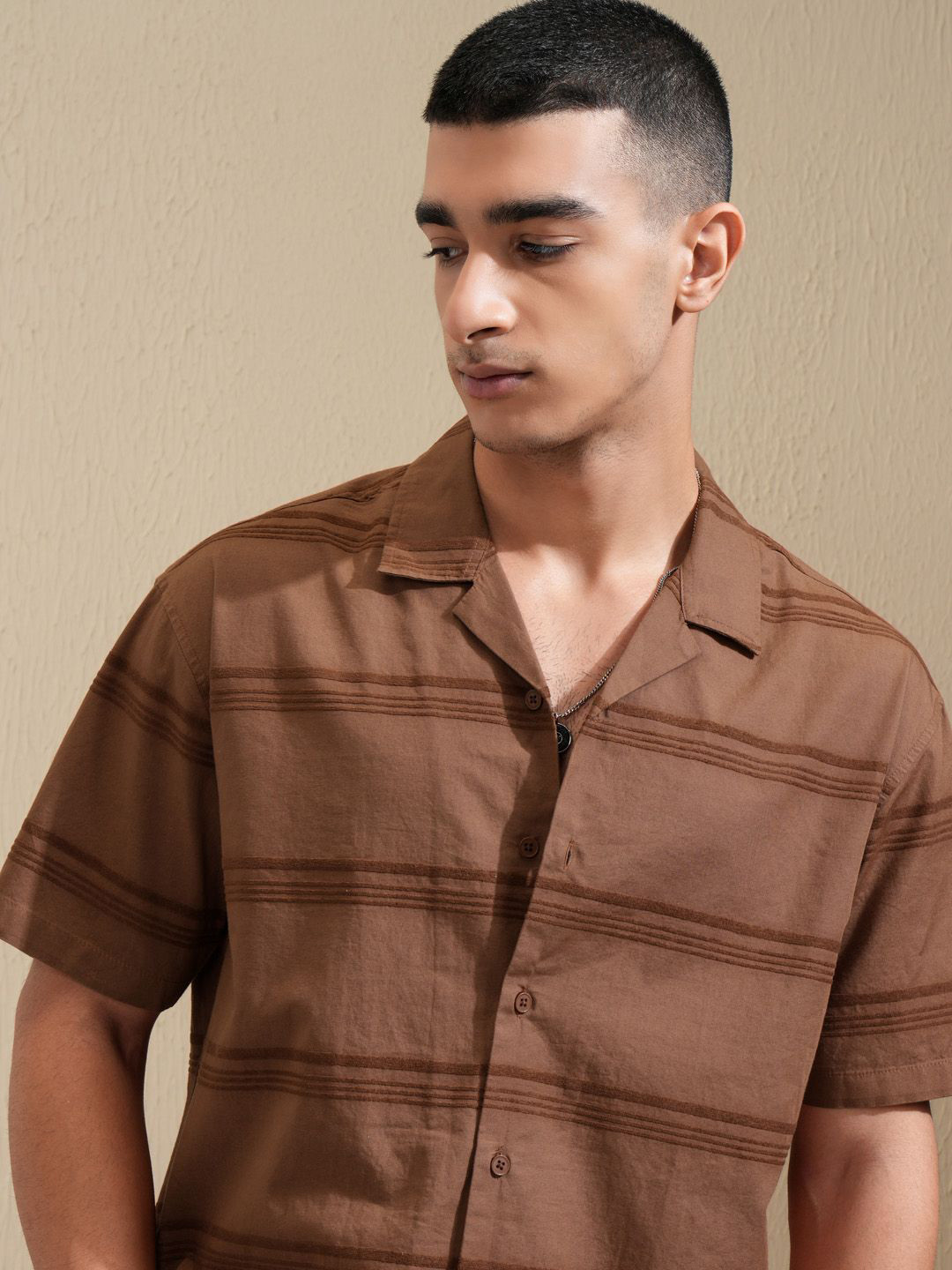 HIGHLANDER Men Cuban Collar Checks Self Design Cotton Relaxed Fit Casual Shirt