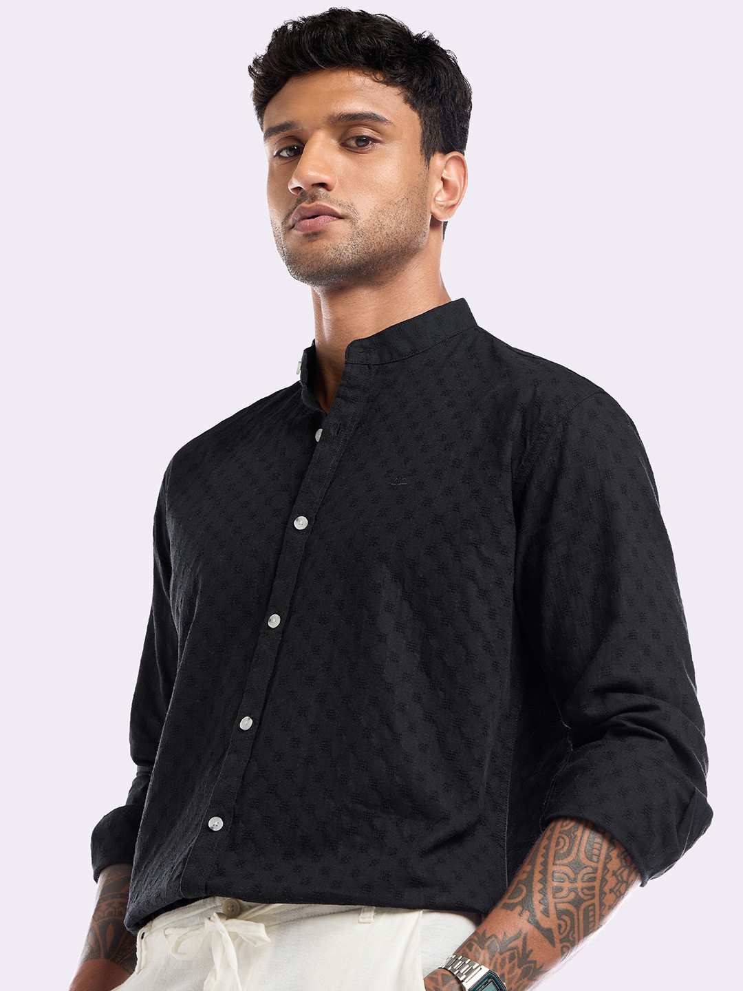 Beyoung Mandarin Textured Cotton Long Sleeves Shirt