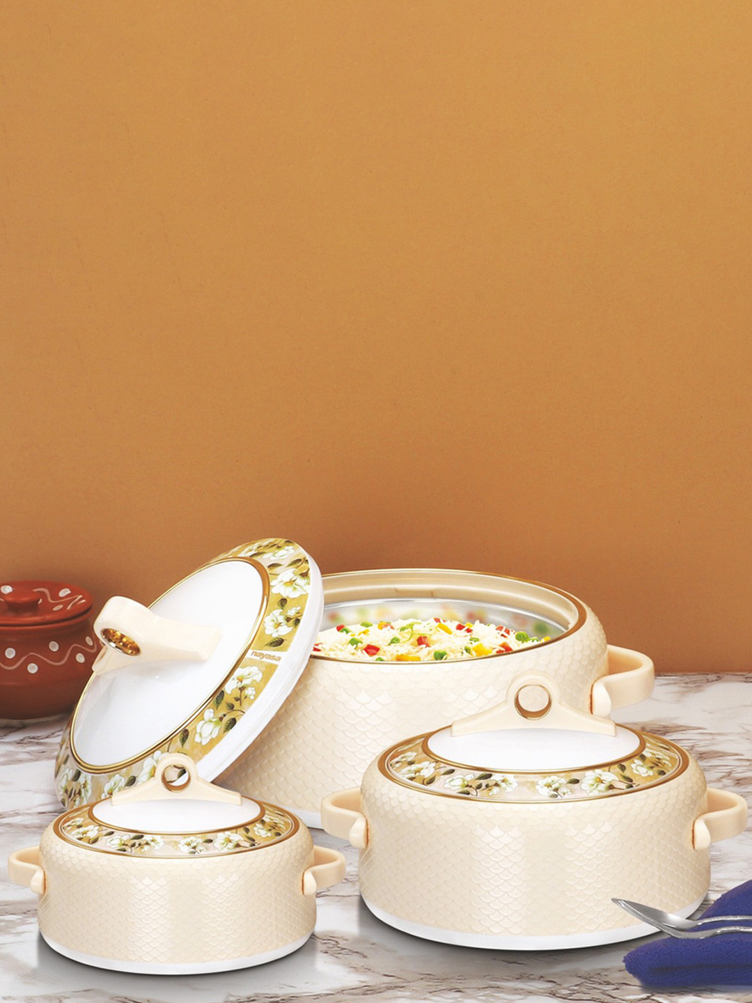 Nayasa Coral Set Of 3 Cream Colour Insulated Serving Casserole 1, 1.5 & 2 L