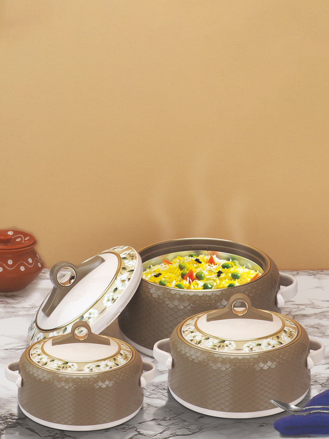 Nayasa Coral Casserole Set Of 3 Dark Brown Insulated Serving Casserole (1L, 1.5L, 2L)