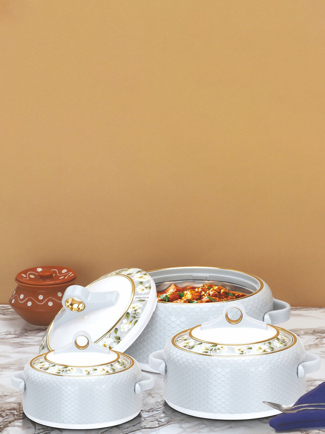 Nayasa Coral Set Of 3 Grey Insulated Serving Casseroles - 1L & 1.5L & 2 L