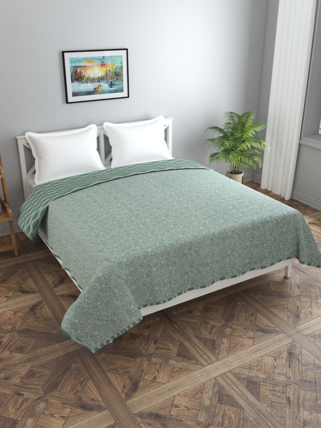 Florida Fiva Lime Green & White Floral Cotton 200 GSM AC Room Reversible Double Bed Dohar