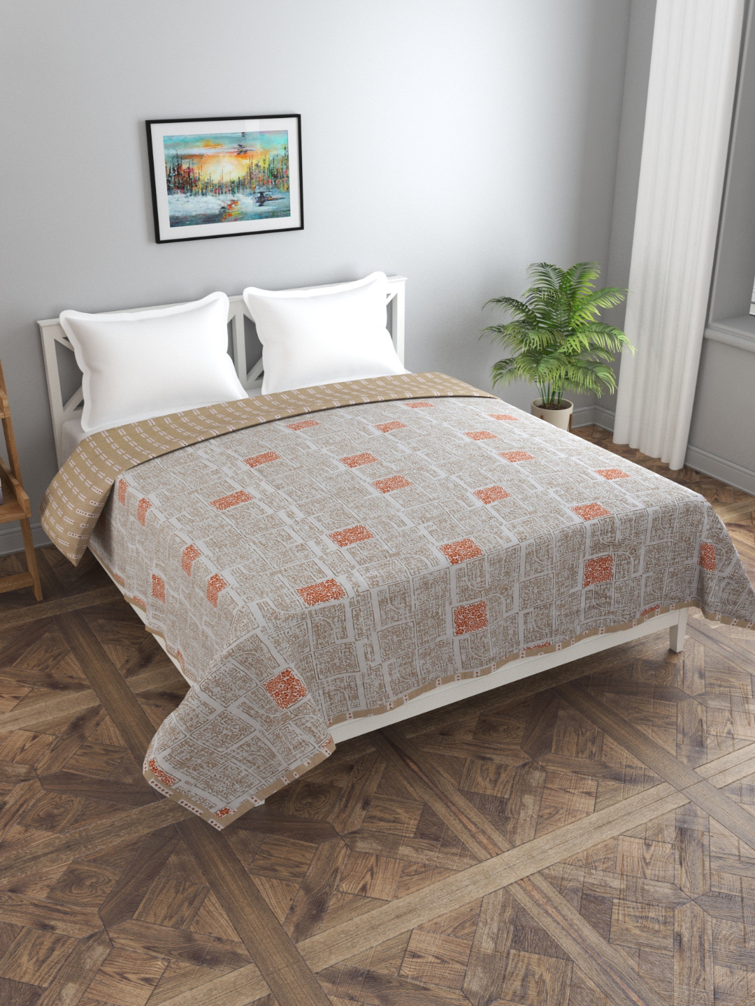 Florida Fiva Coffee Brown & Rust Floral Cotton 200 GSM AC Room Reversible Double Bed Dohar