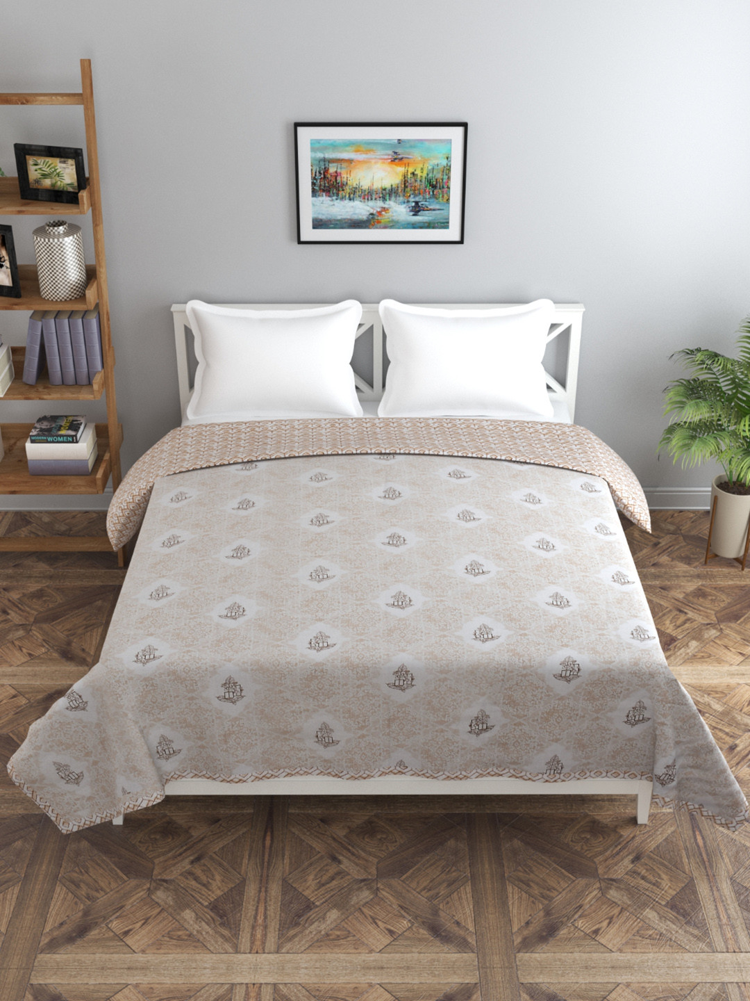 Florida Fiva Copper Toned & White Ethnic Motifs 200 GSM Cotton Reversible Double Bed Dohar