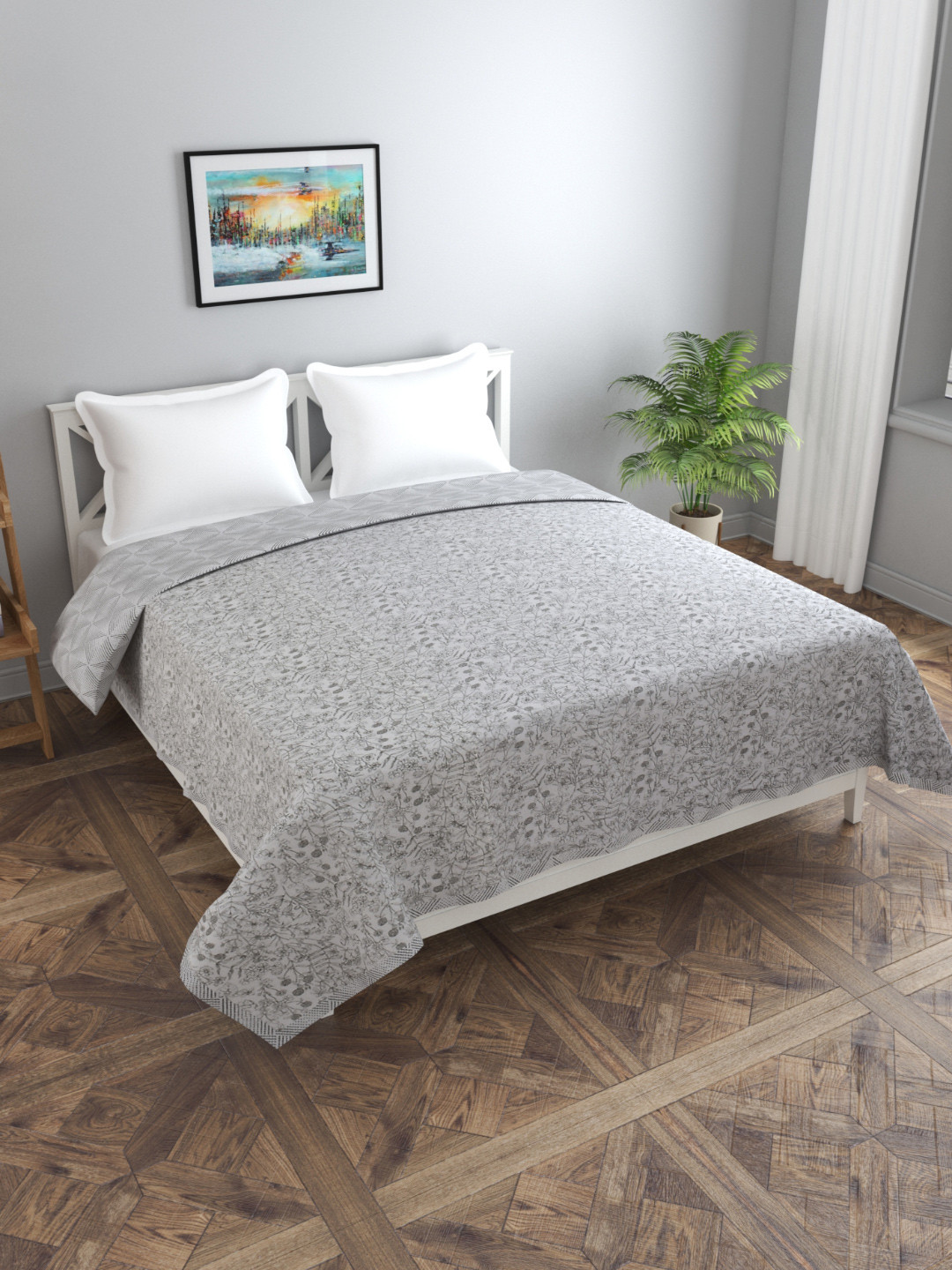 Florida Fiva Off White & Grey Floral Printed Cotton 200 GSM Reversible Double Bed Dohar