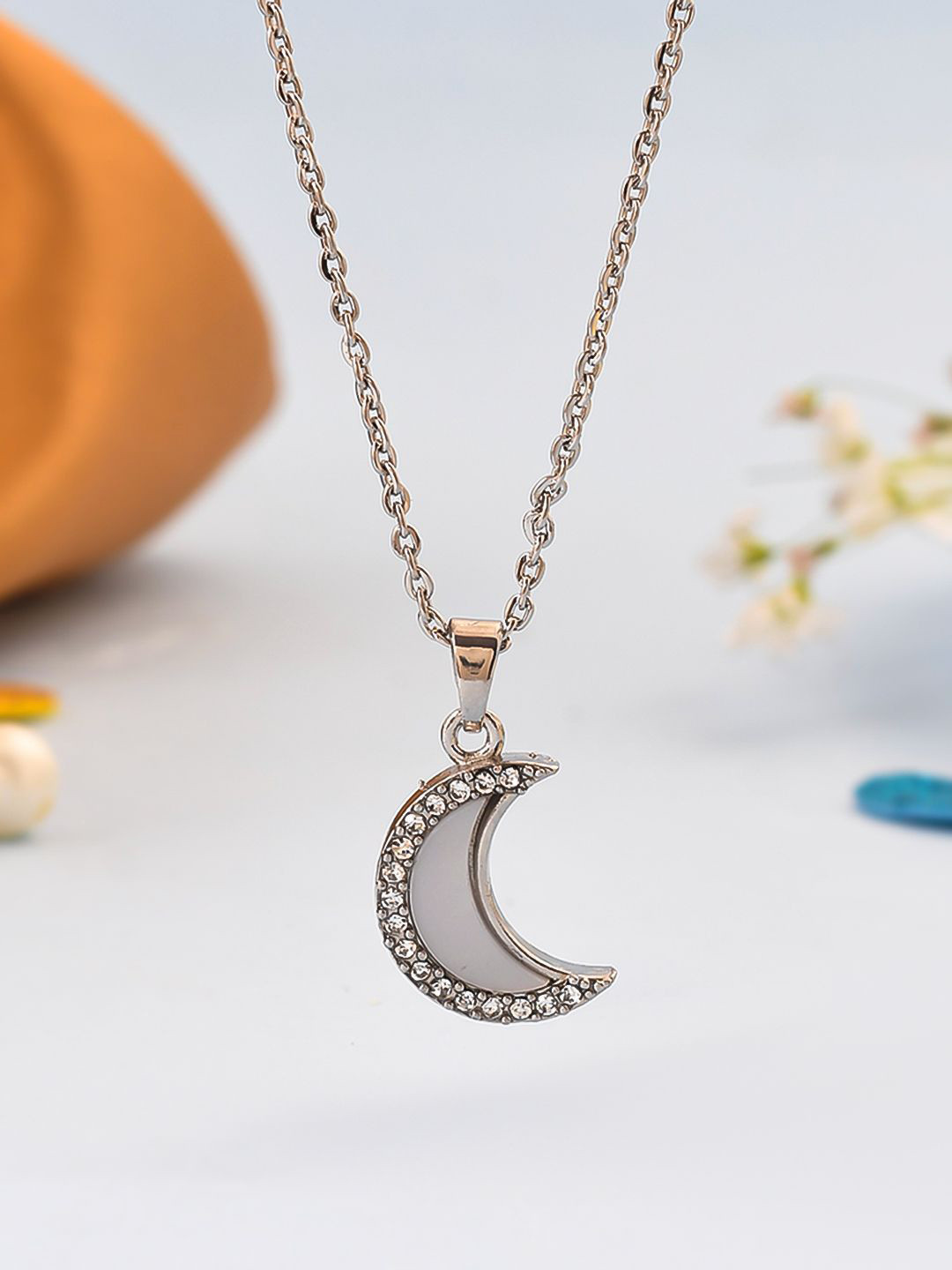 Silvermerc Designs Silver-Plated Cubic Zirconia Studded Moon Shaped Pendant with Chain