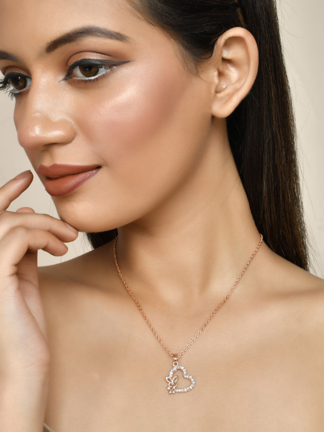 Silvermerc Designs Rose Gold-Plated CZ Stone Studded Brass Pendant With Chains