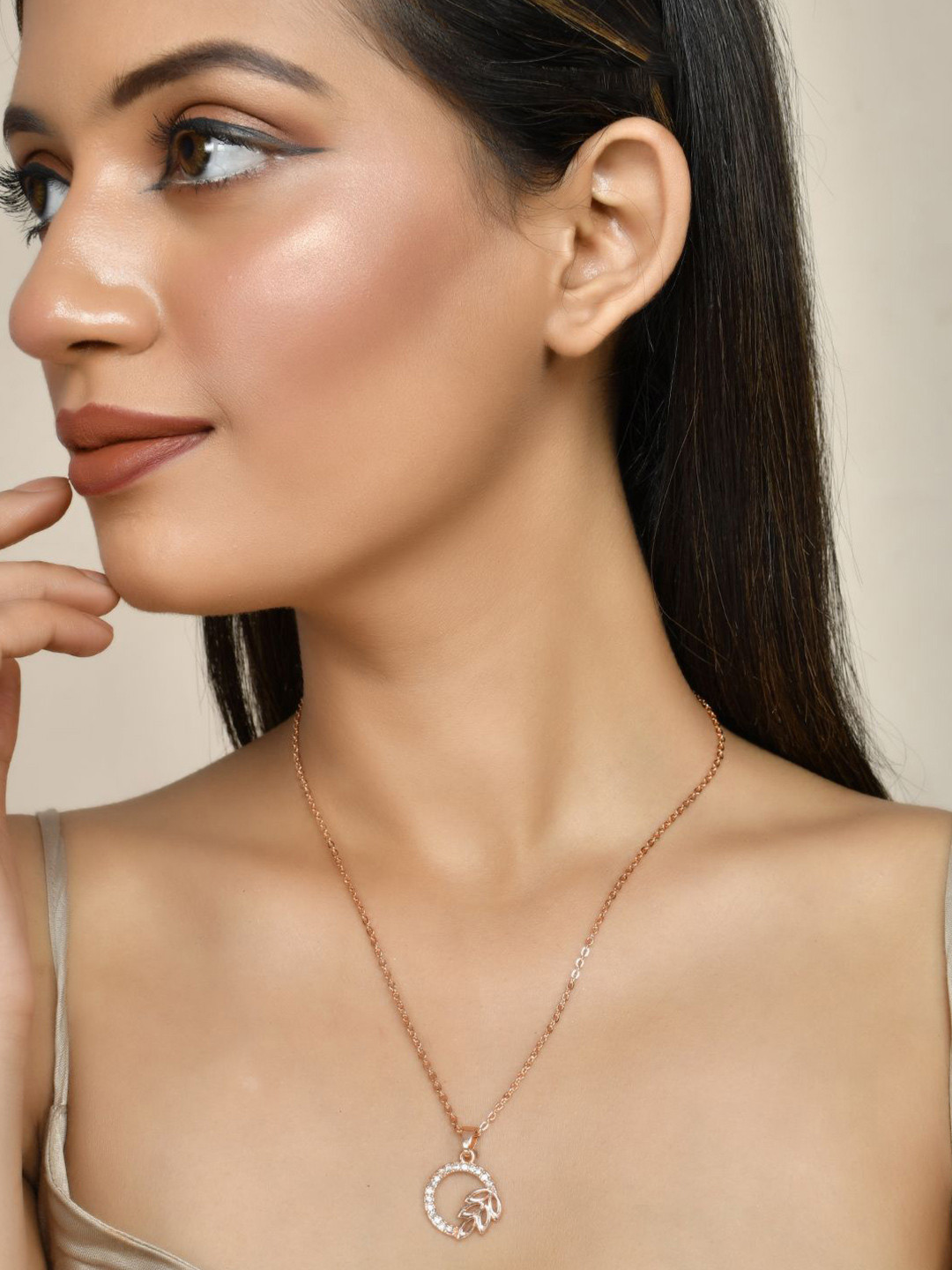 Silvermerc Designs Rose Gold-Plated CZ Stone Studded Oval Pendants With Chains