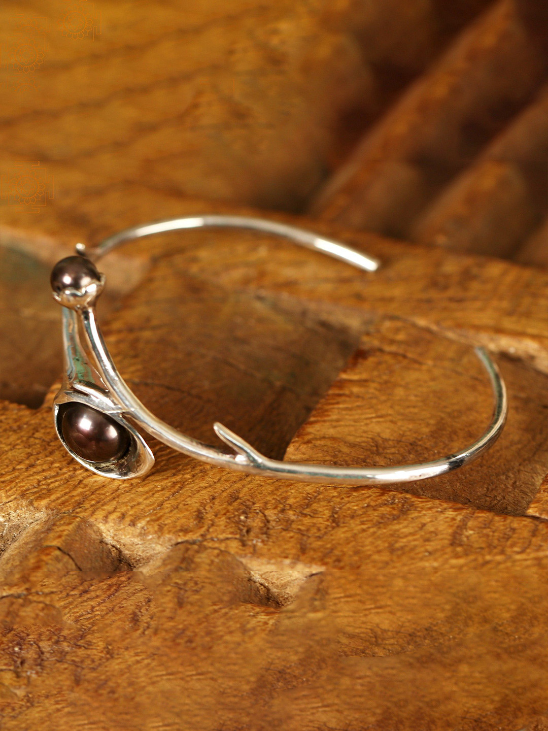 Exotic India Black Pearl Flower Branch Sterling Silver Open Bracelet