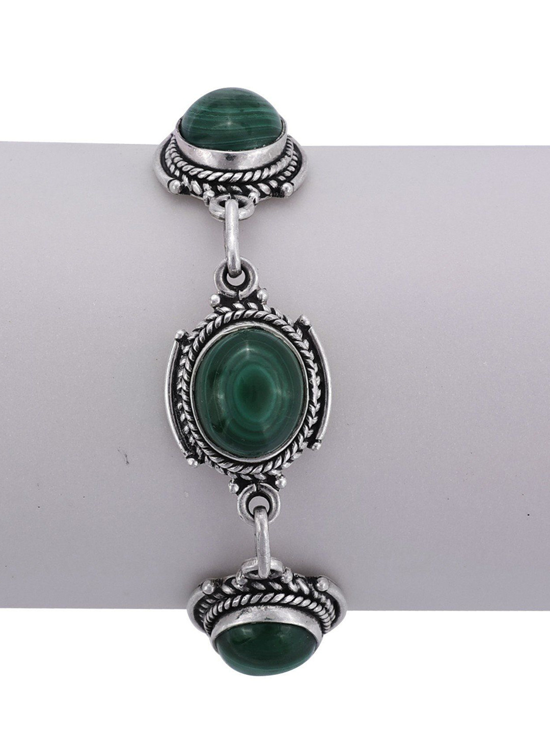 Exotic India Green Malachite Gemstone Stylish Sterling Silver Bracelet