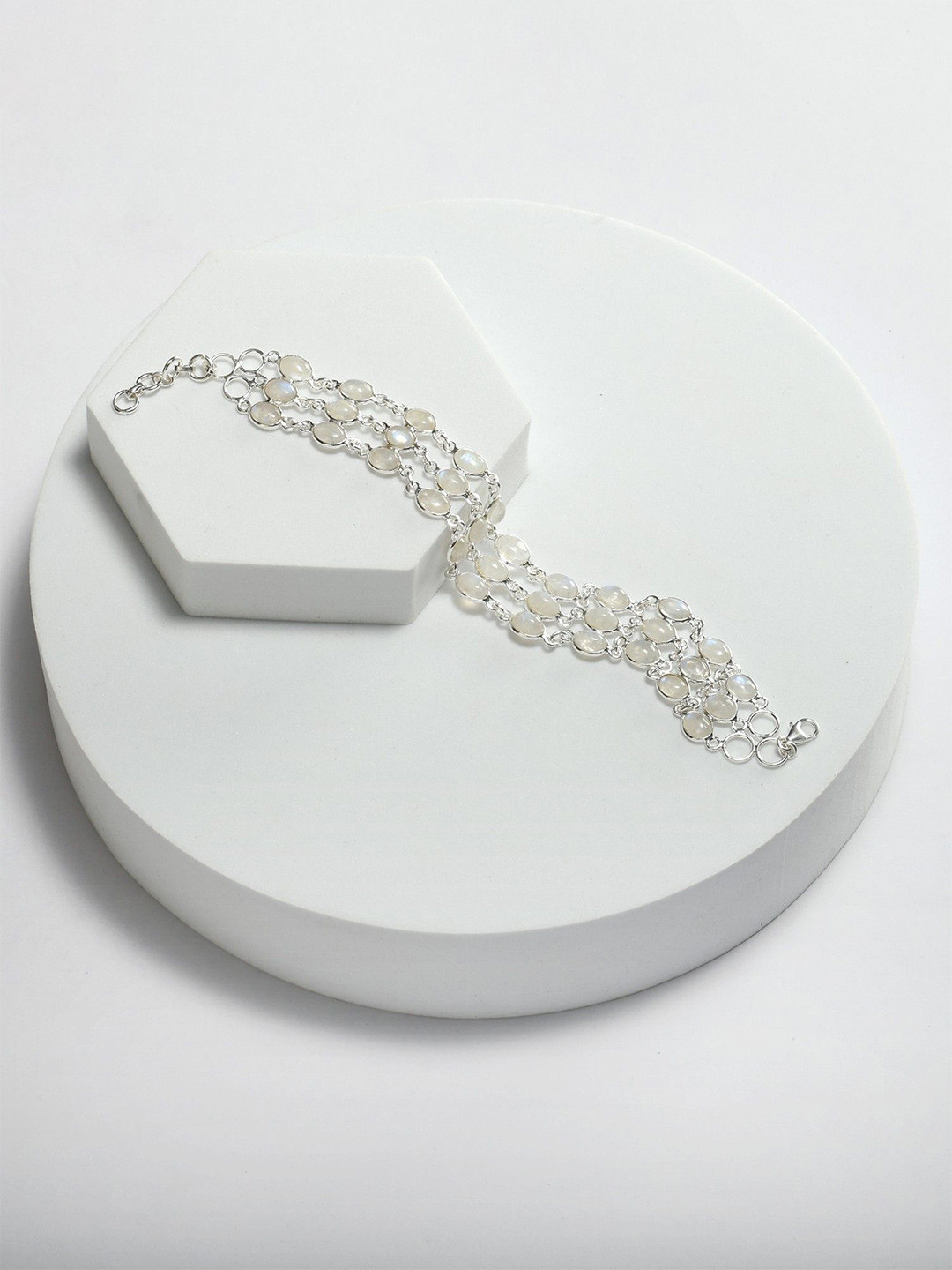 Exotic India Cabochon Rainbow Moonstone Three Layer Sterling Silver Bracelet