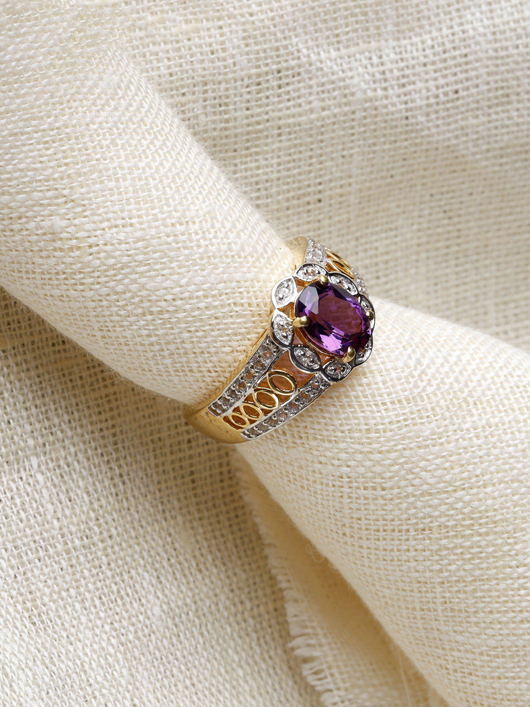 Exotic India Faceted Oval Cut Amethyst & Cubic Zirconia Gold-Plated Sterling Silver Ring