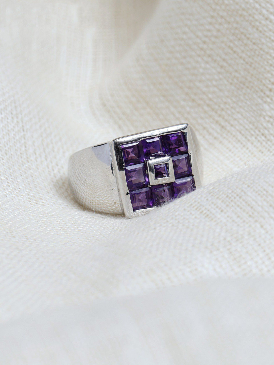 Exotic India Square Cut Amethyst Gemstone Sterling Silver Ring