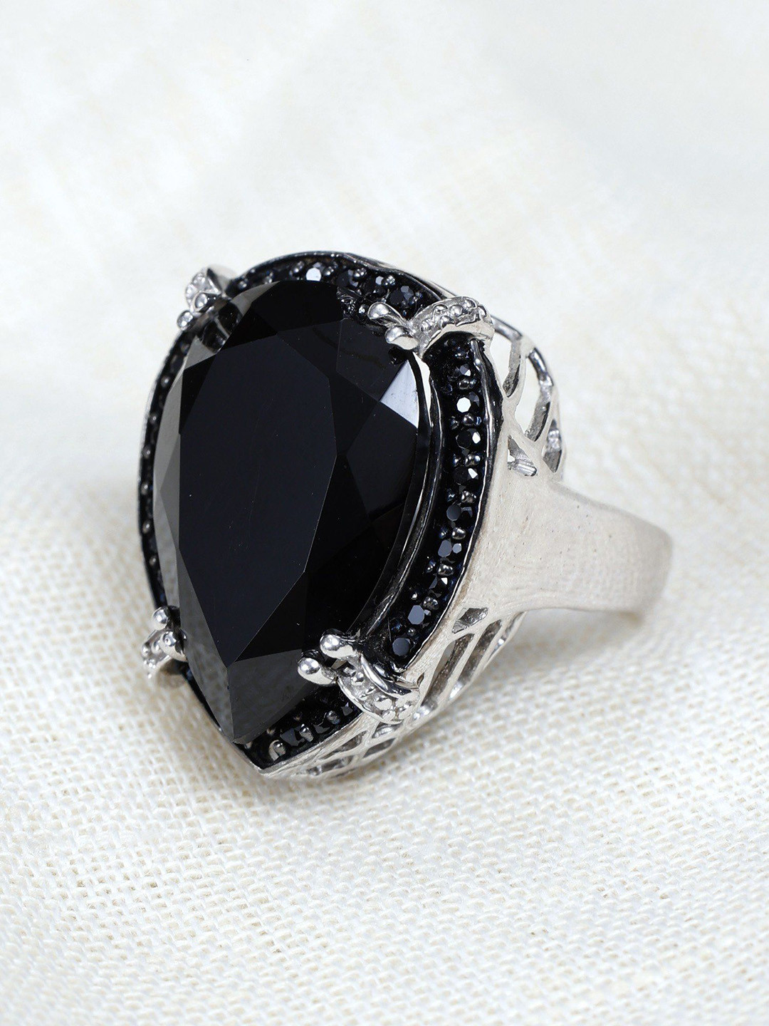 Exotic India Black Onyx & Black Spinel Stone Teardrop Shape Sterling Silver Designer Ring